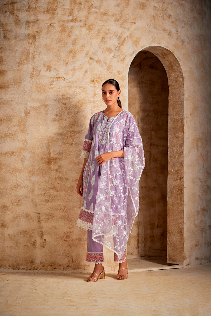 Neerus Lilac Color Cotton Fabric Kurta Set - Image 2