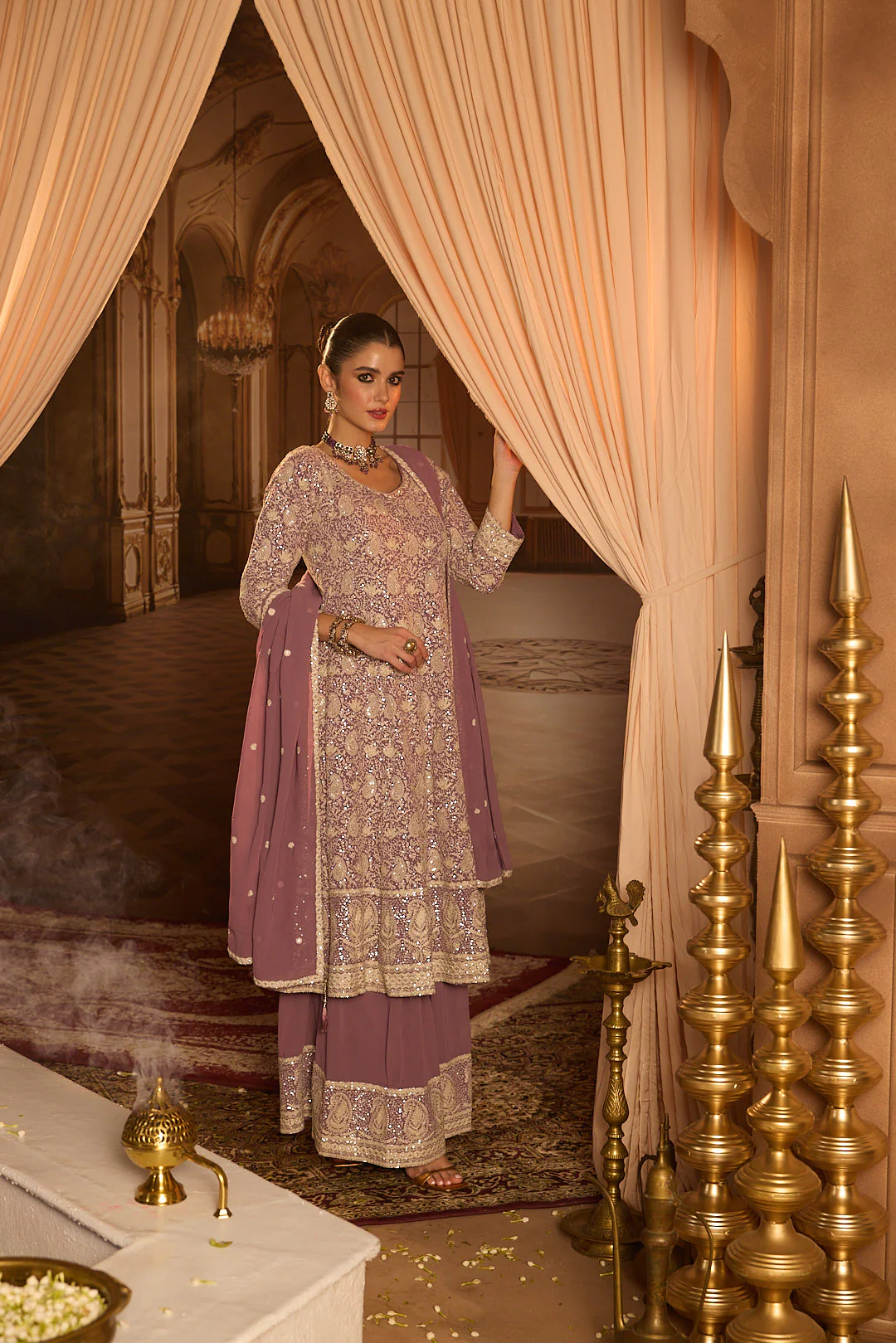 Neerus Lilac Embroidery Georgette Fabric Anarkali and Plazzo with Dupatta - Image 3