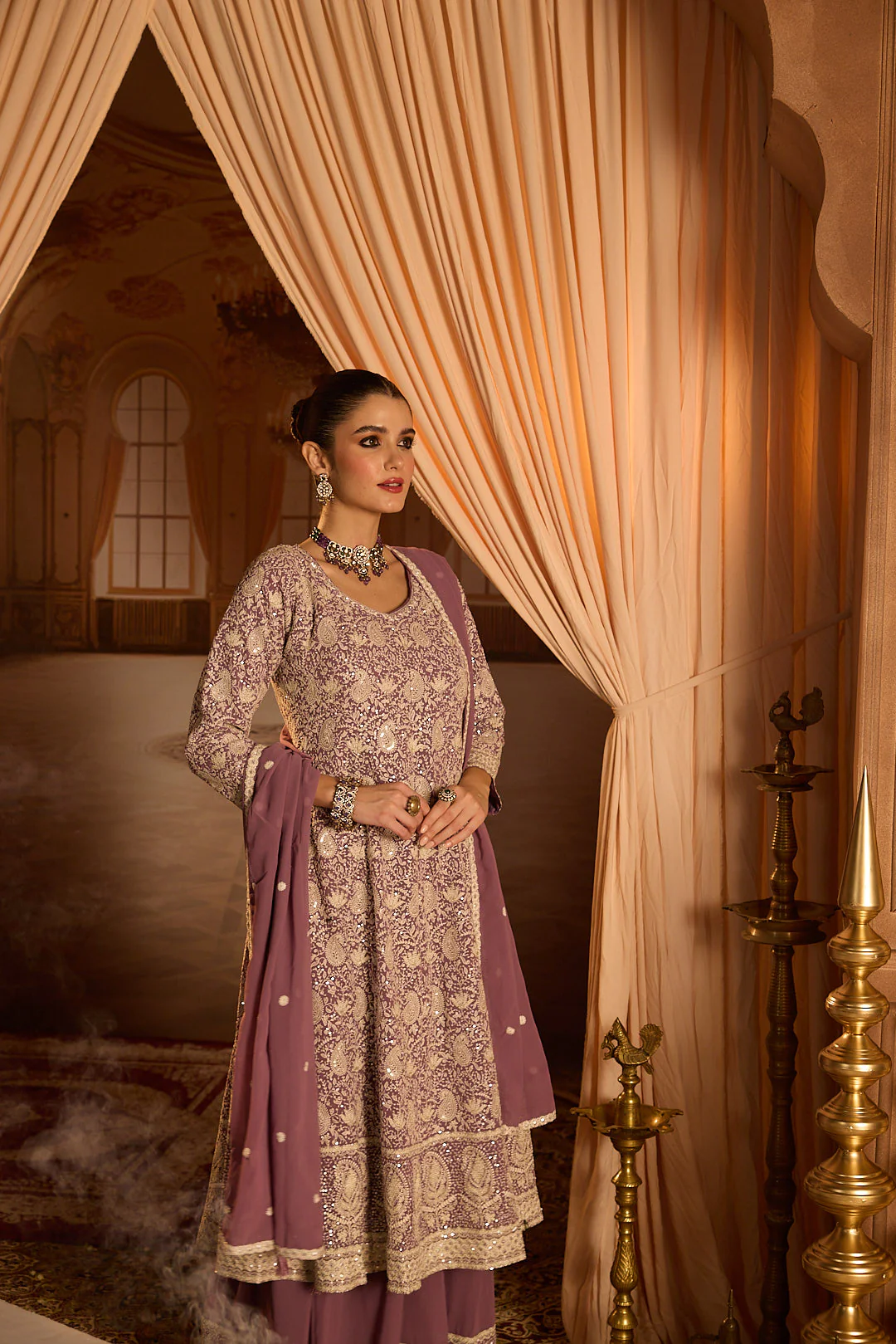 Neerus Lilac Embroidery Georgette Fabric Anarkali and Plazzo with Dupatta - Image 4