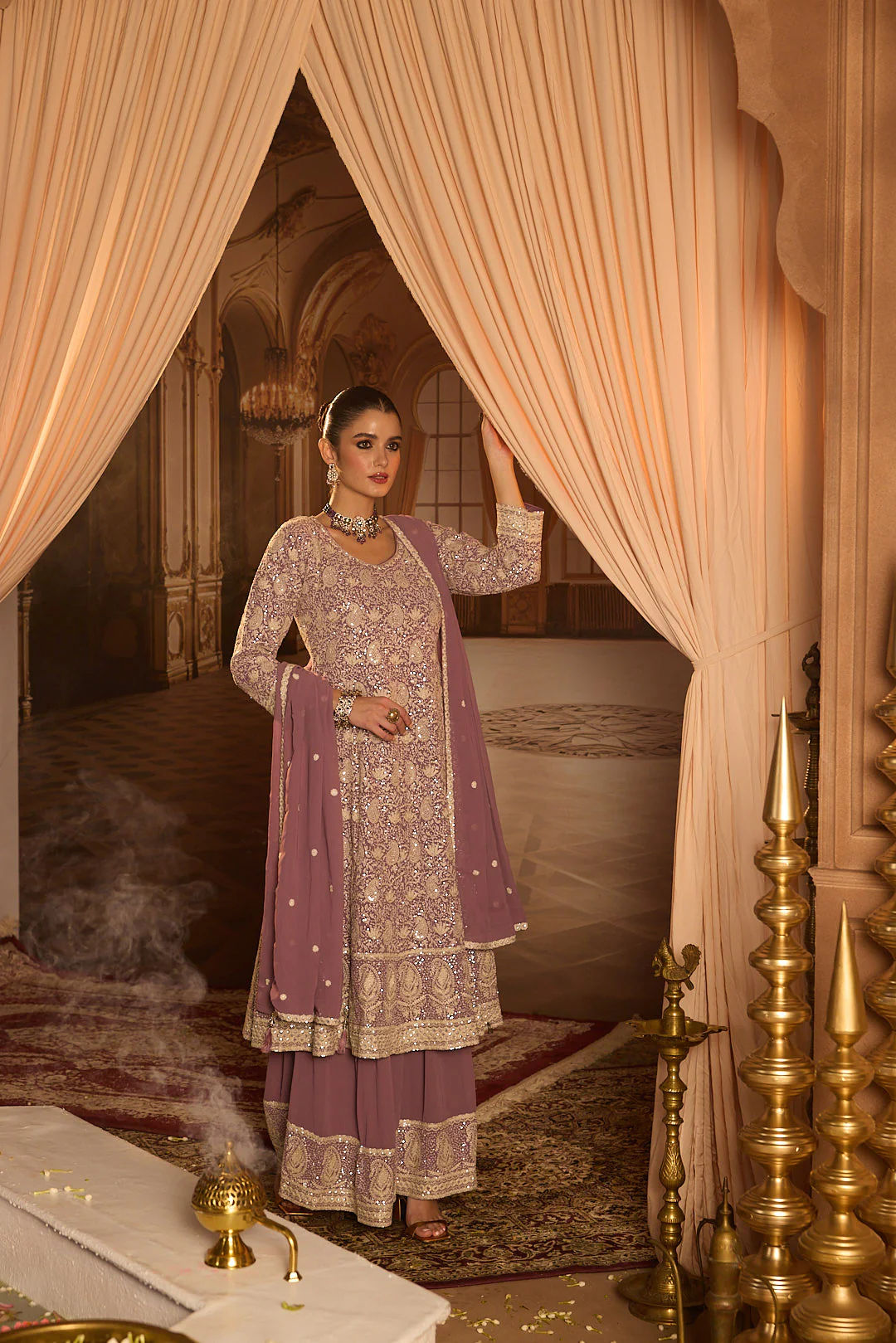 Neerus Lilac Embroidery Georgette Fabric Anarkali and Plazzo with Dupatta - Image 7
