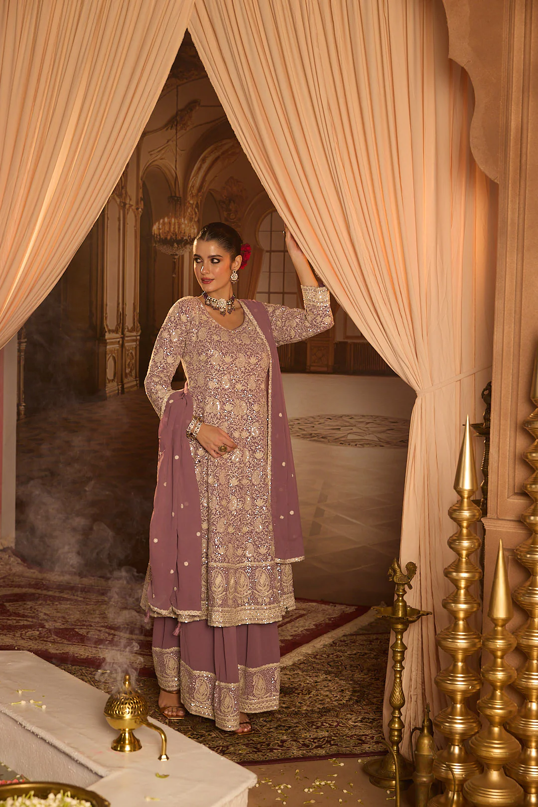 Neerus Lilac Embroidery Georgette Fabric Anarkali and Plazzo with Dupatta - Image 8