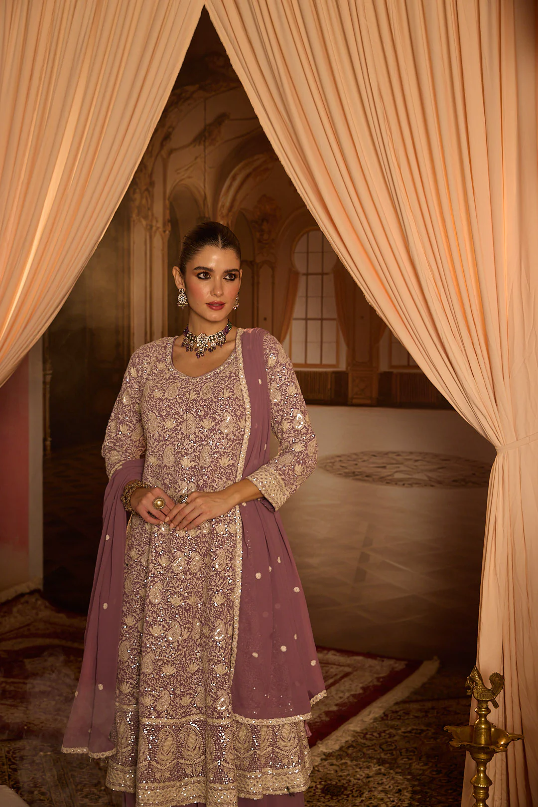 Neerus Lilac Embroidery Georgette Fabric Anarkali and Plazzo with Dupatta - Image 9
