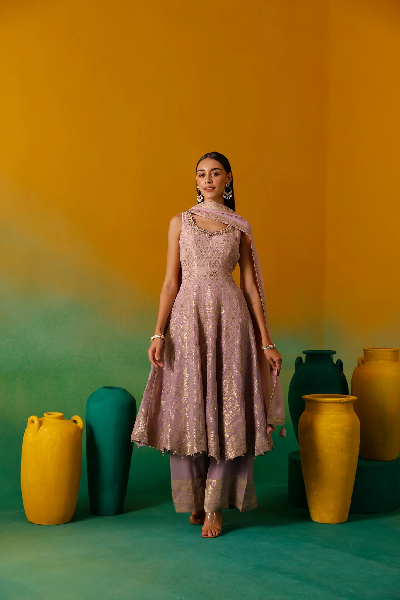 Neerus Lilac Embroidery Organza Fabric Anarkali Plazzo and Dupatta - Image 3