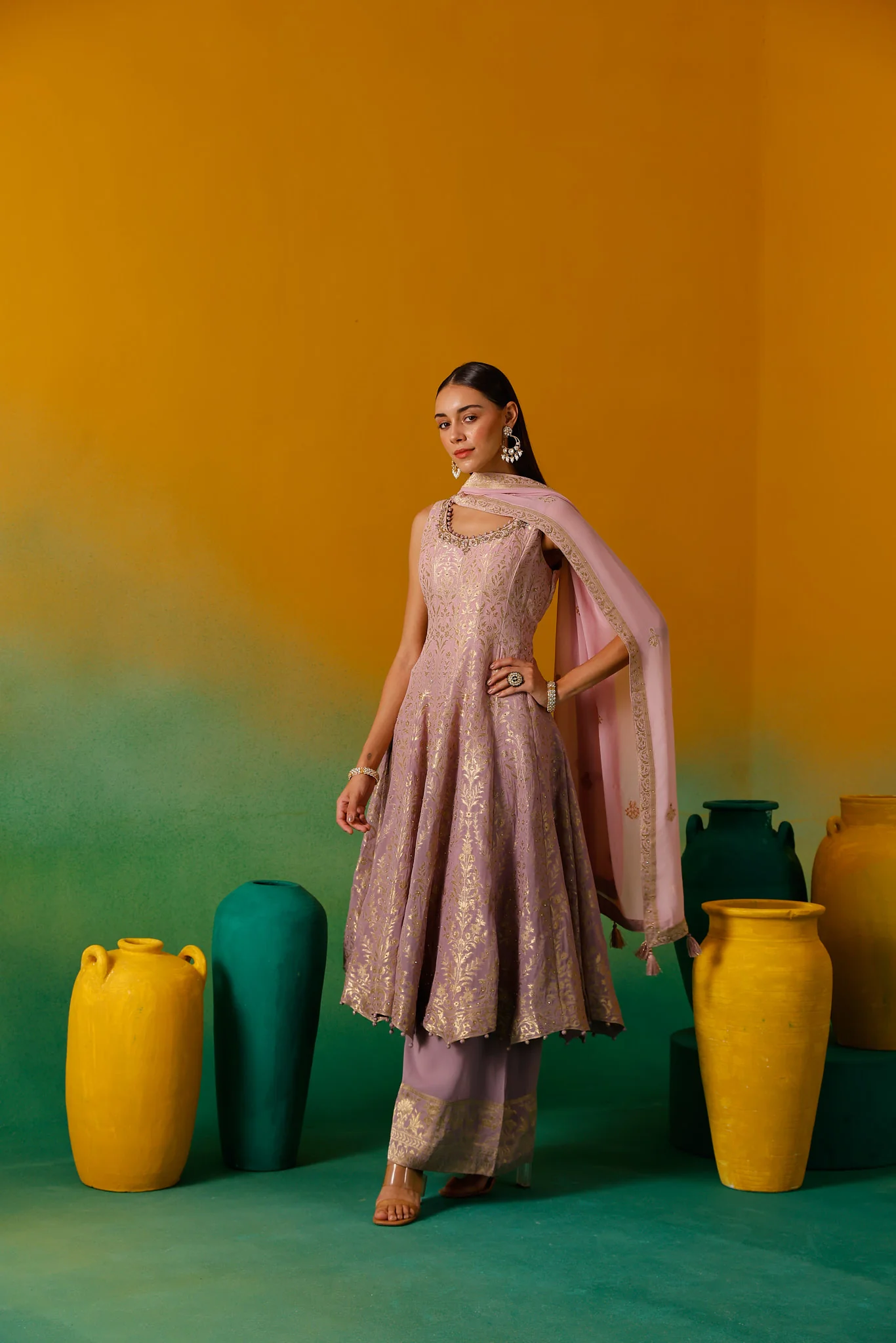 Neerus Lilac Embroidery Organza Fabric Anarkali Plazzo and Dupatta - Image 6