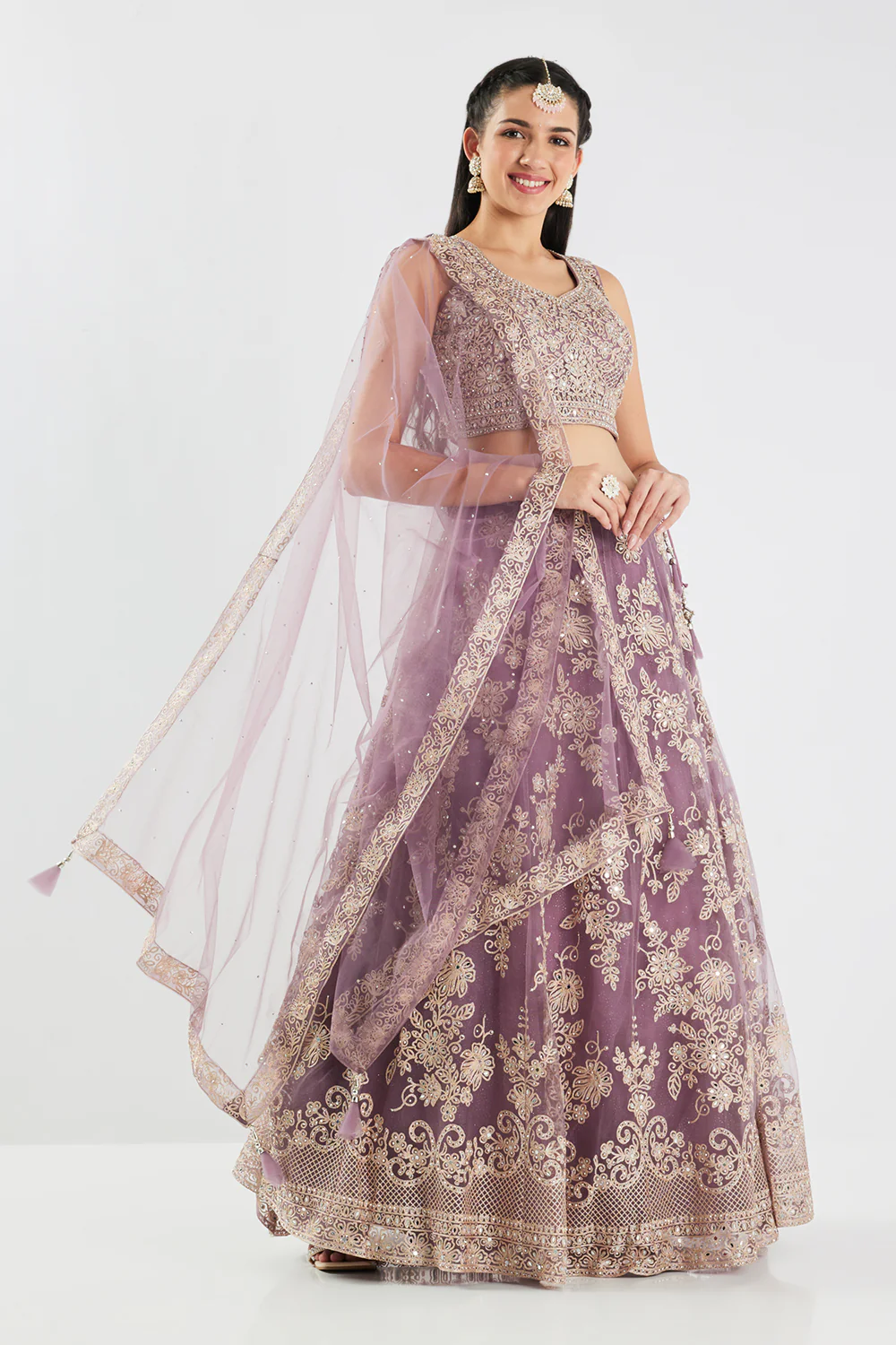 Neerus Lilac Embroidery Work Net Fabric Ghagra Set - Image 2