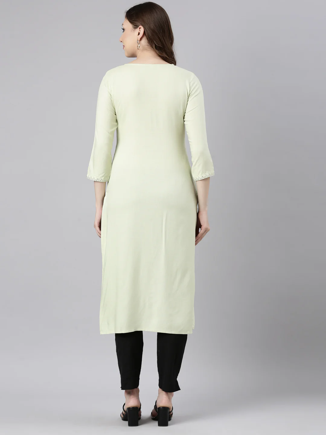 Neerus Lime Green Panelled Straight Solid Kurta - Image 3