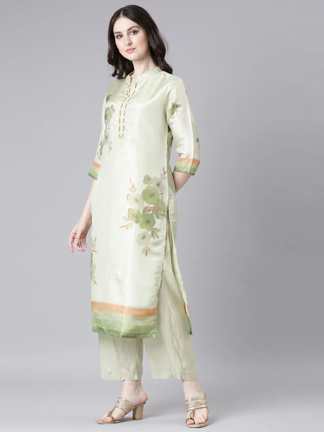 Neerus Lime Green Printed Straight Kurta and Trousers With Dupatta - Image 2