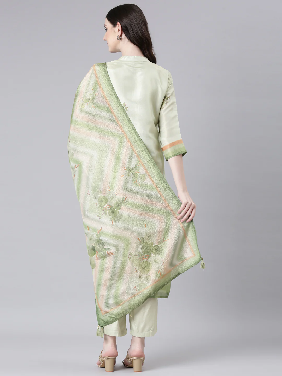 Neerus Lime Green Printed Straight Kurta and Trousers With Dupatta - Image 3