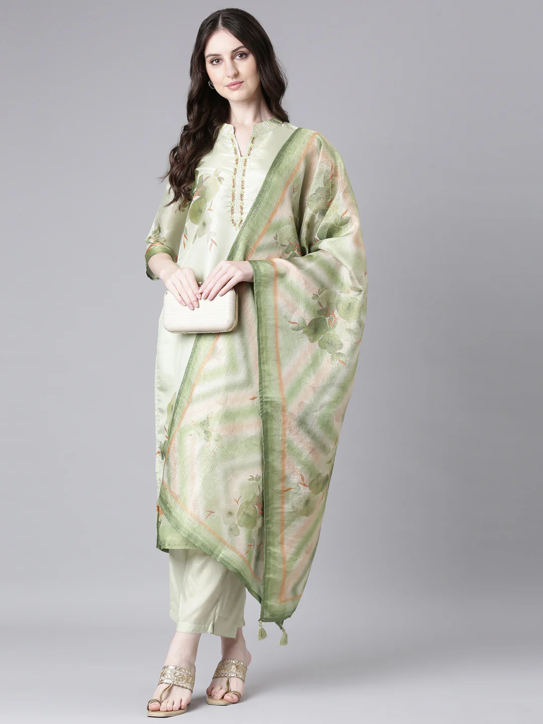 Neerus Lime Green Printed Straight Kurta and Trousers With Dupatta - Image 5