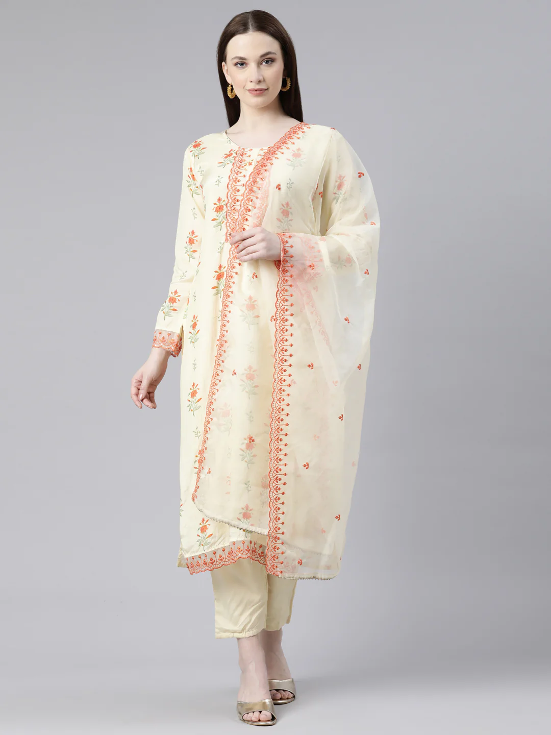 Neerus Lime Green Regular Knee Length Printed Kurta Embroidered Palazzos With Dupatta