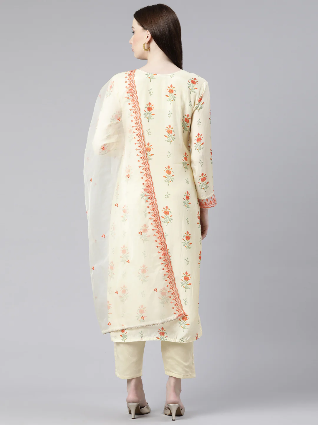 Neerus Lime Green Regular Knee Length Printed Kurta Embroidered Palazzos With Dupatta - Image 3