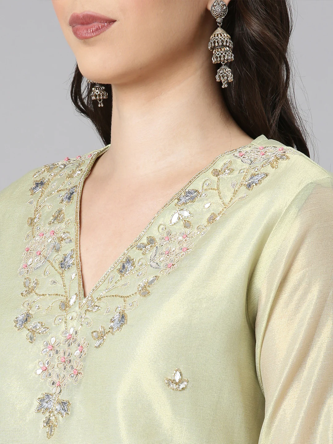 Neerus Lime Green Solid Straight Kurta and Trousers With Dupatta - Image 4