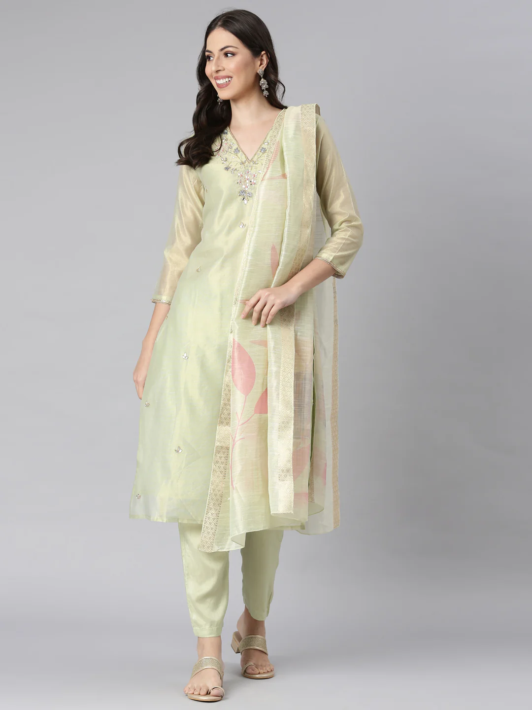 Neerus Lime Green Solid Straight Kurta and Trousers With Dupatta - Image 5