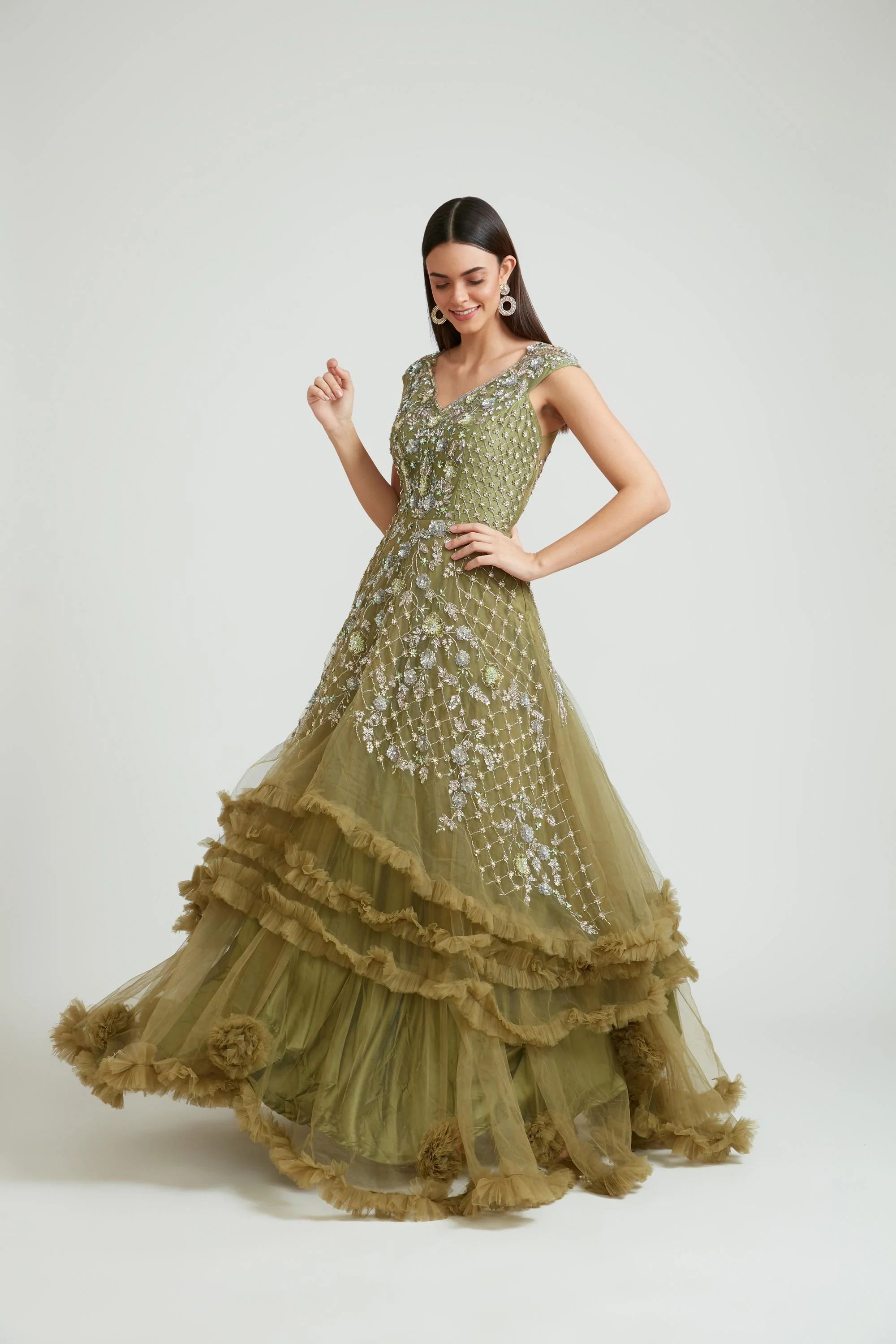 Neerus M Green Color Banaras Fabric Gown With Dupatta - Image 2