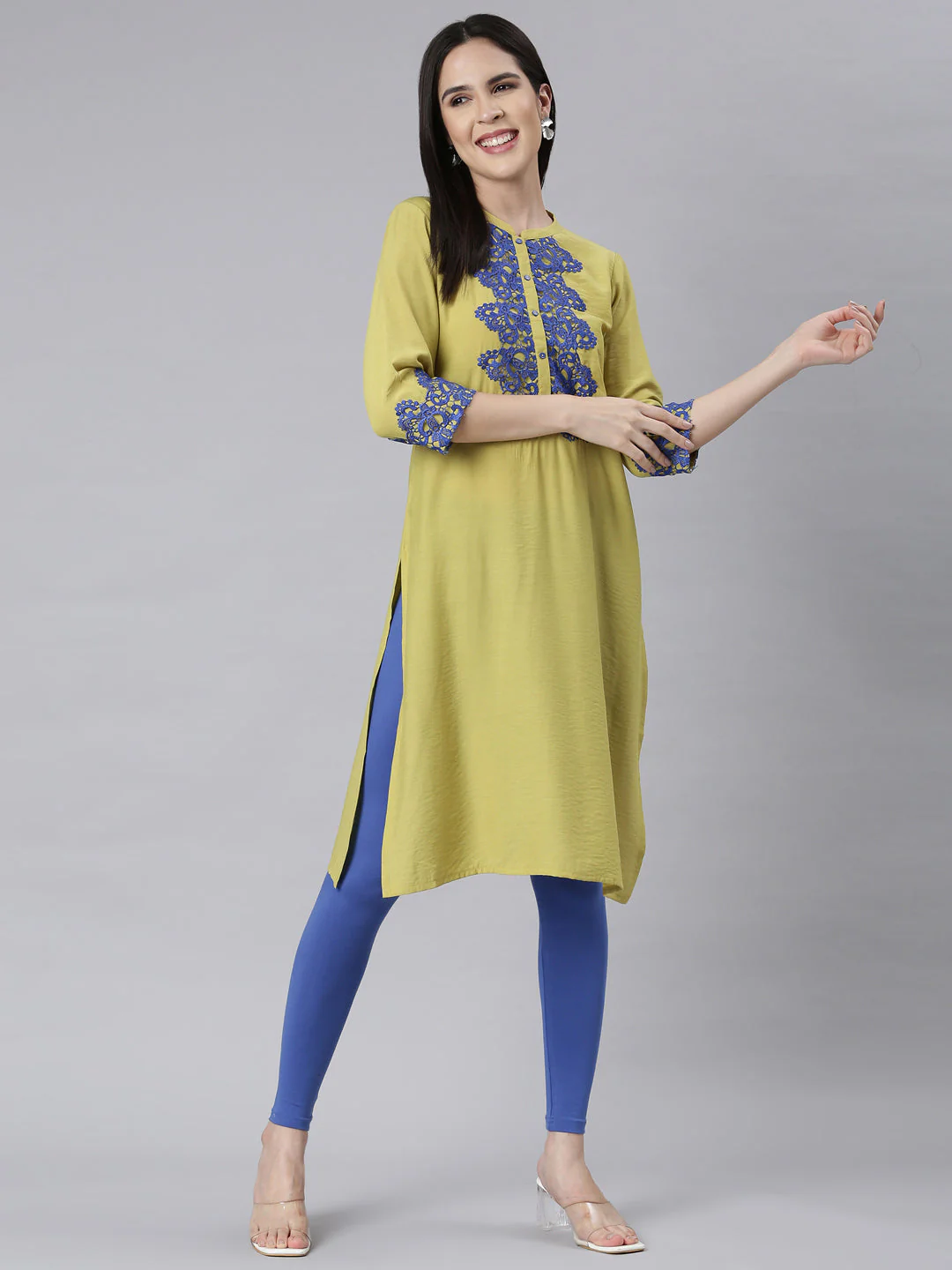 Neerus Green Panelled Straight Embellished Kurta - Image 4