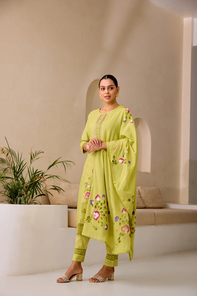 Neerus M Green Straight Embroidery Kurta And Trousers With Dupatta - Image 3