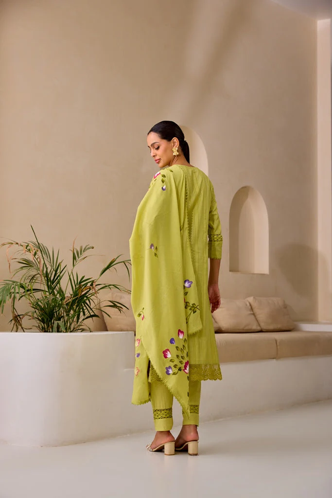 Neerus M Green Straight Embroidery Kurta And Trousers With Dupatta - Image 4