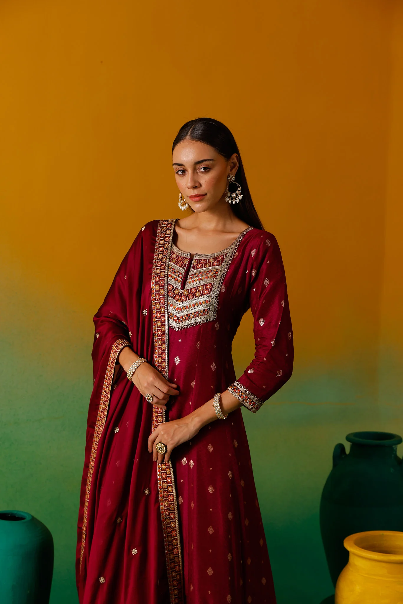 Neerus Magenta Embroidery Silk Fabric Anarkali Trouser and Dupatta. - Image 10