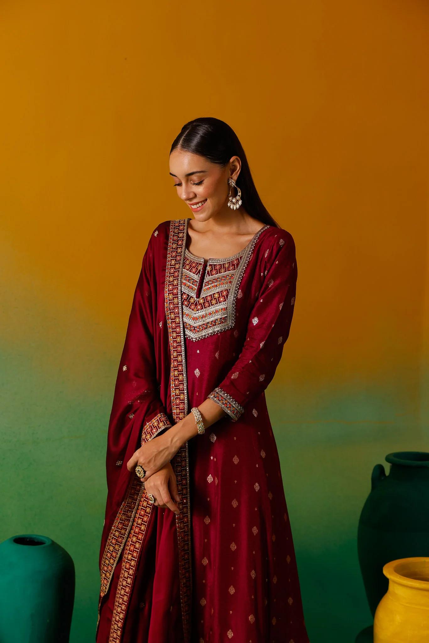 Neerus Magenta Embroidery Silk Fabric Anarkali Trouser and Dupatta. - Image 11