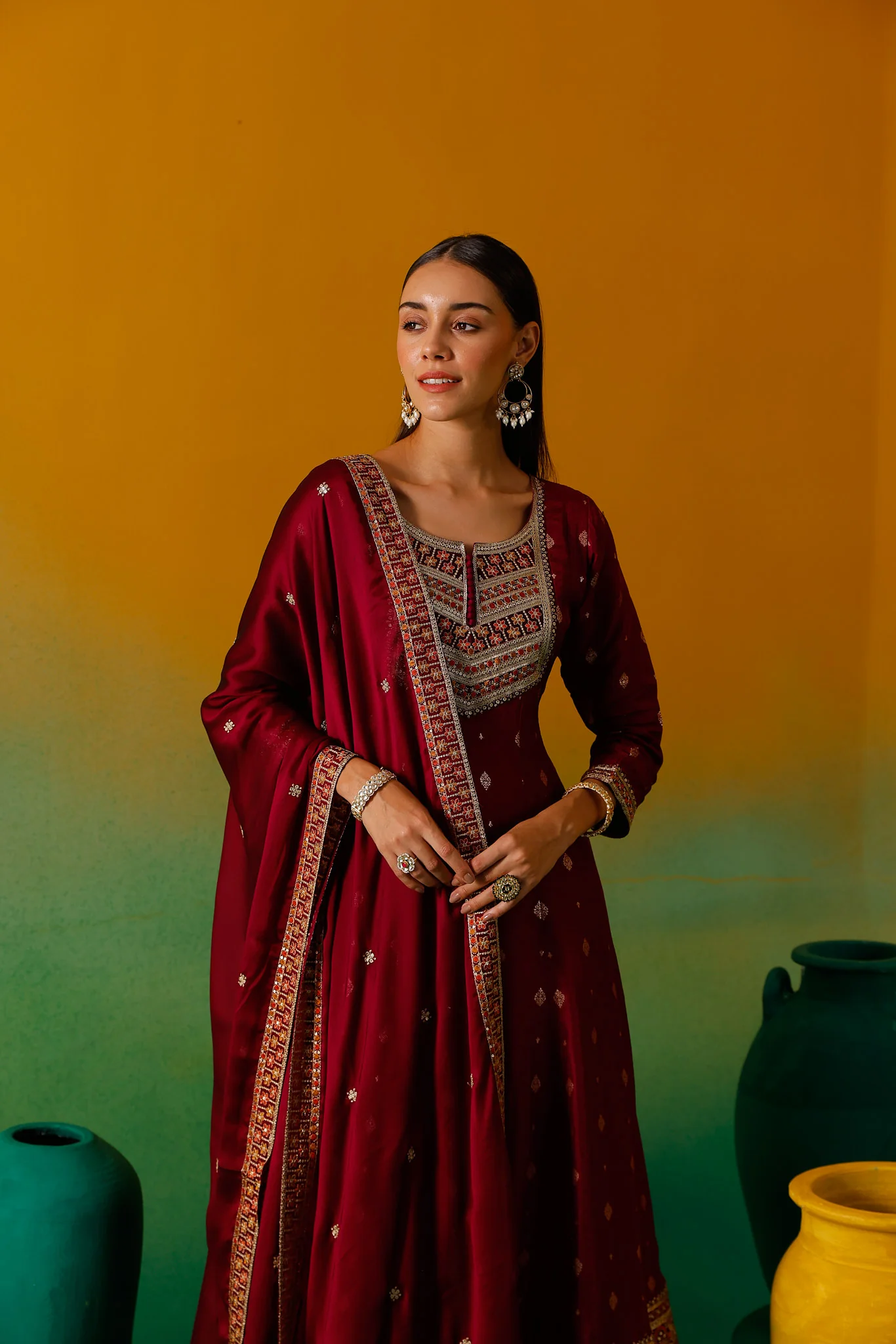 Neerus Magenta Embroidery Silk Fabric Anarkali Trouser and Dupatta. - Image 12