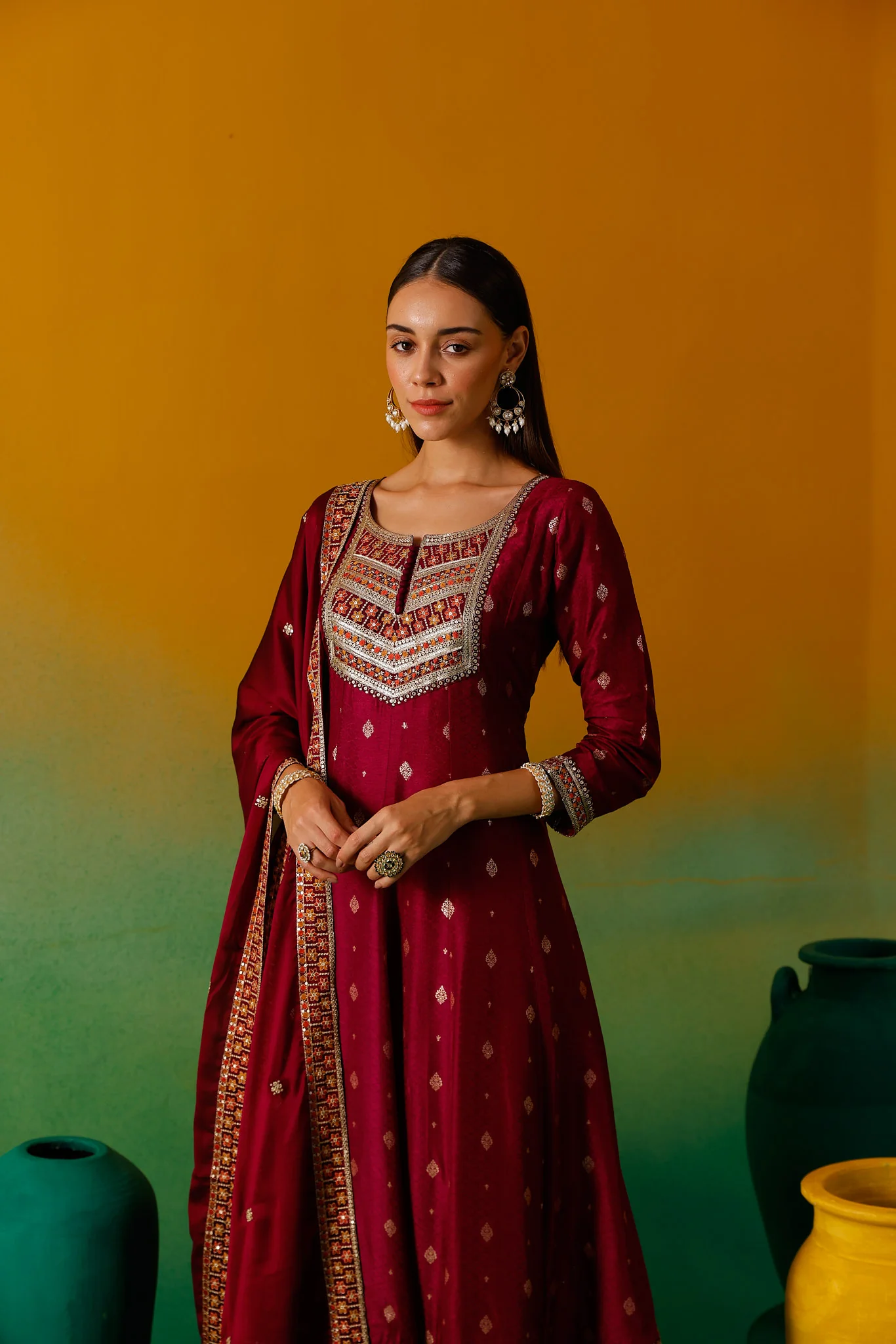 Neerus Magenta Embroidery Silk Fabric Anarkali Trouser and Dupatta. - Image 13