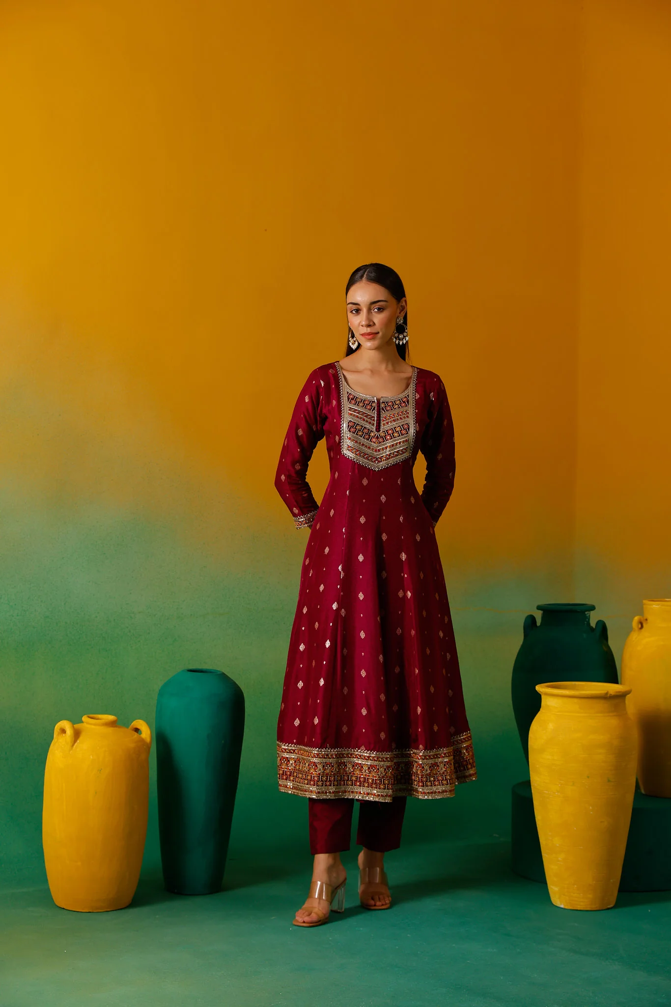 Neerus Magenta Embroidery Silk Fabric Anarkali Trouser and Dupatta. - Image 14
