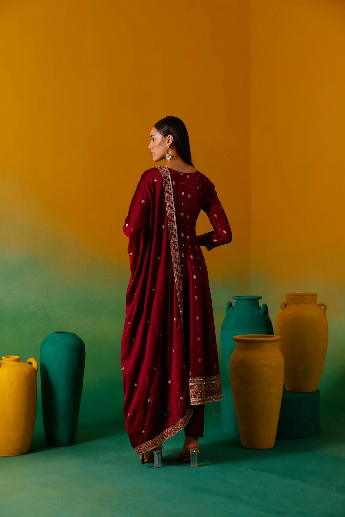 Neerus Magenta Embroidery Silk Fabric Anarkali Trouser and Dupatta. - Image 2