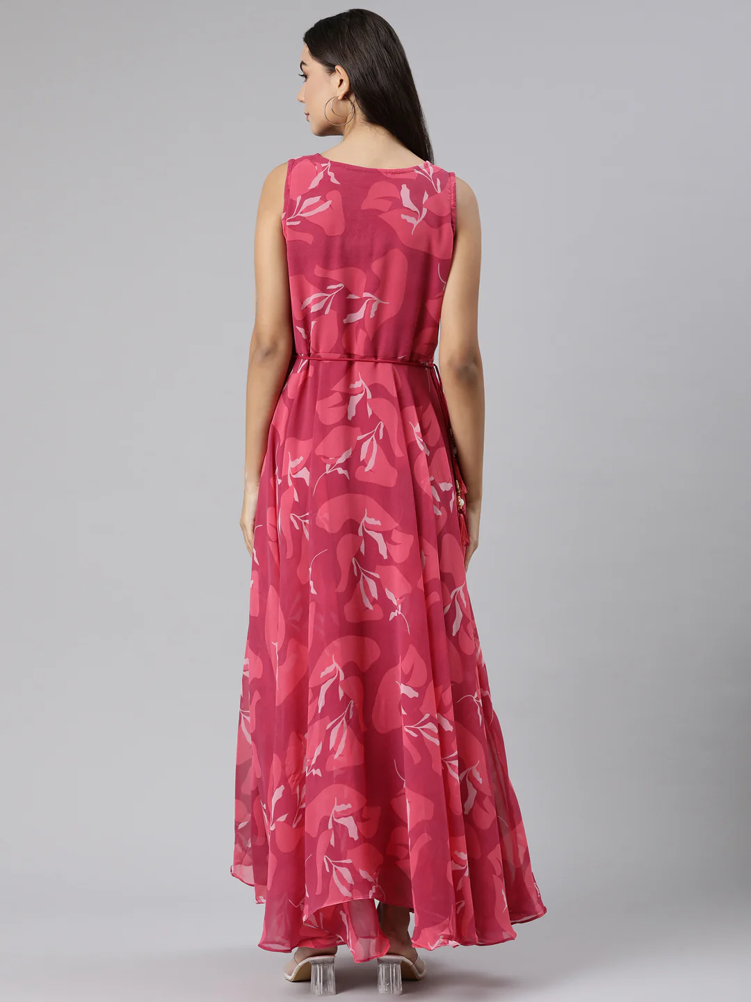 Neerus Magenta Flared Casual Floral Dresses - Image 3