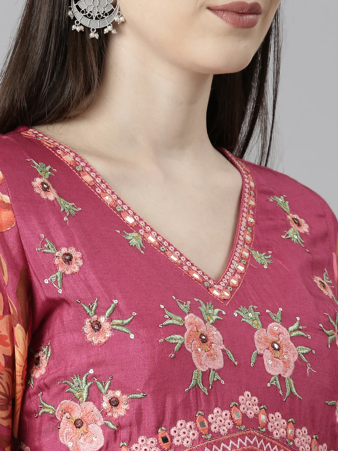 Neerus Magenta Flared Casual Floral Dresses - Image 6