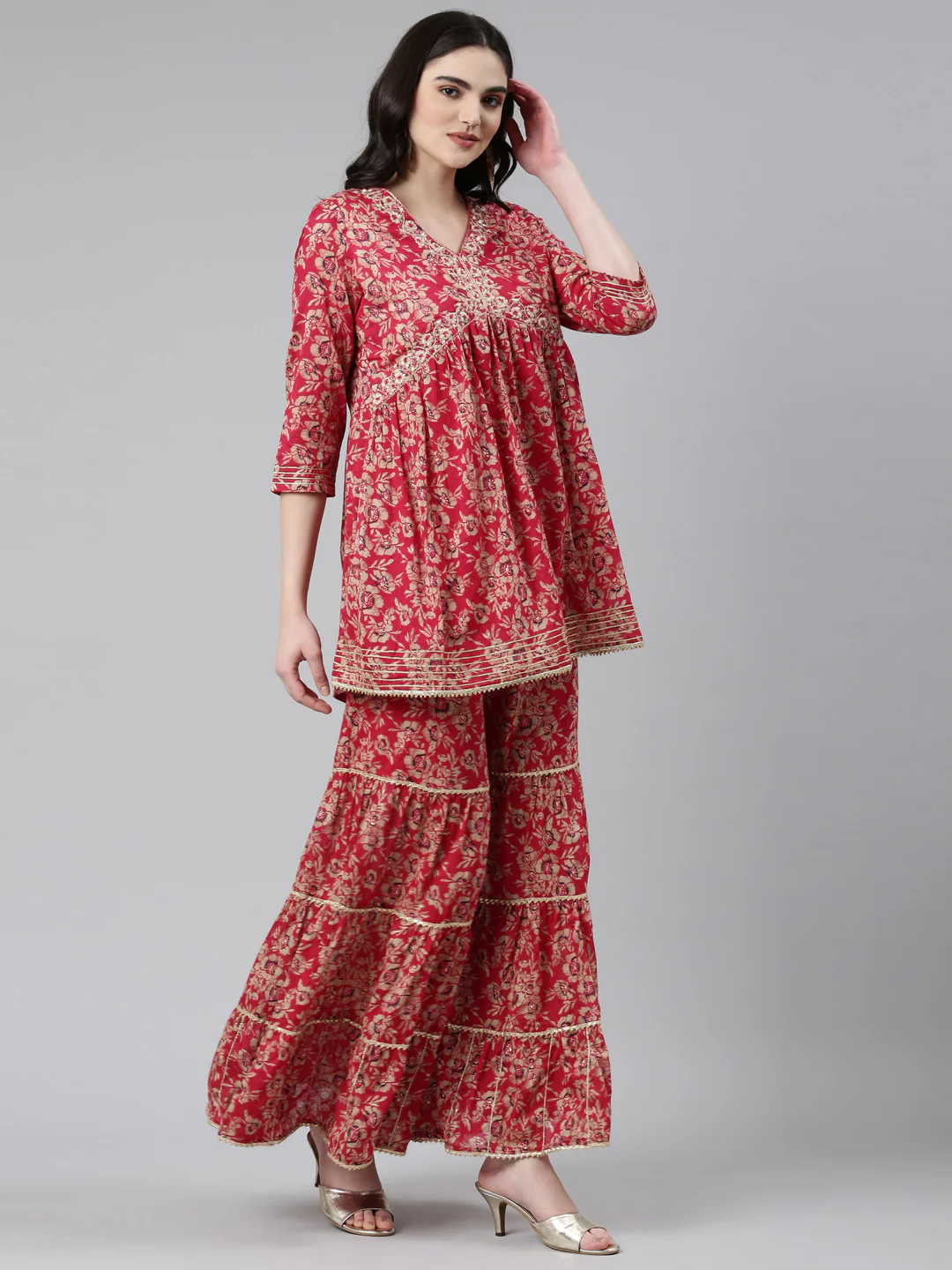 Neerus Magenta Pleated Anarkali Printed Kurta And Sharara With Dupatta - Image 2