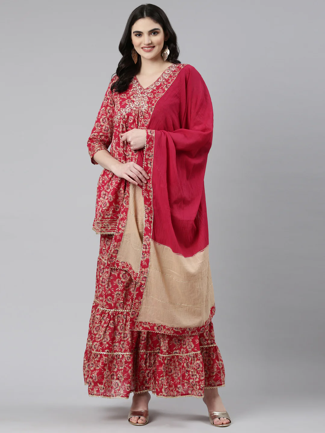 Neerus Magenta Pleated Anarkali Printed Kurta And Sharara With Dupatta - Image 5