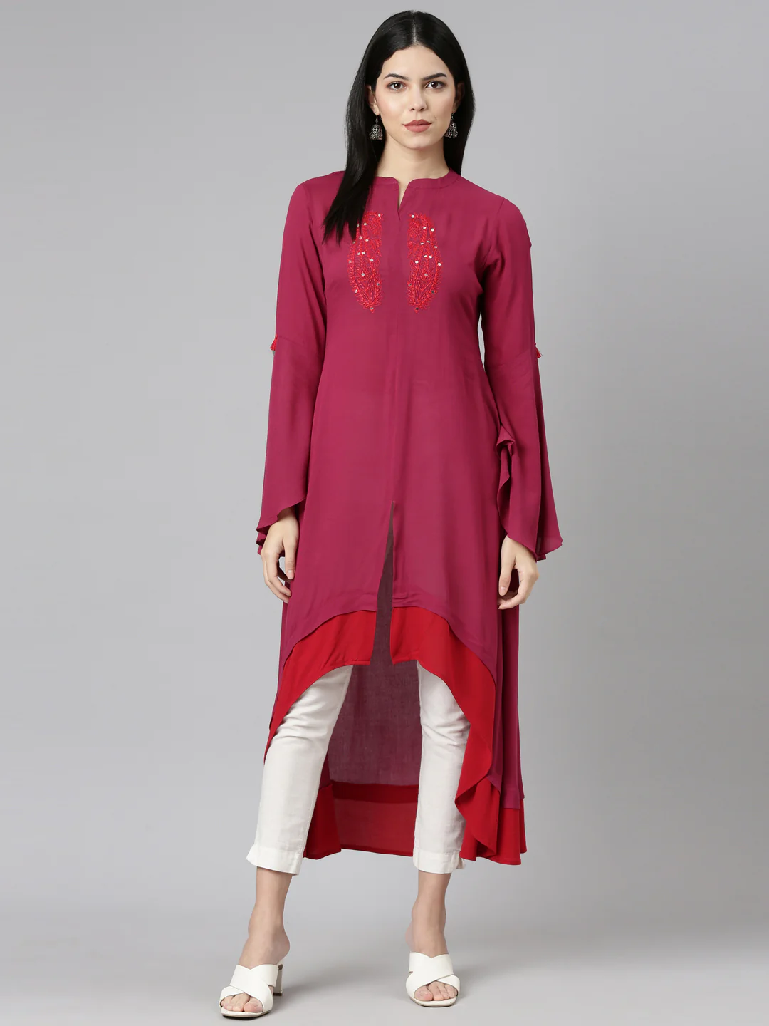 Neerus Magenta Regular A-Line Solid Kurta