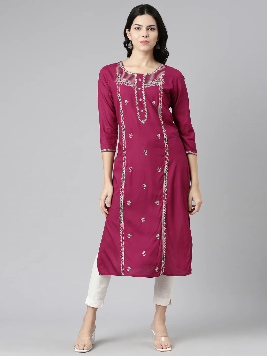 Neerus Magenta Regular Straight Embroidered Kurta