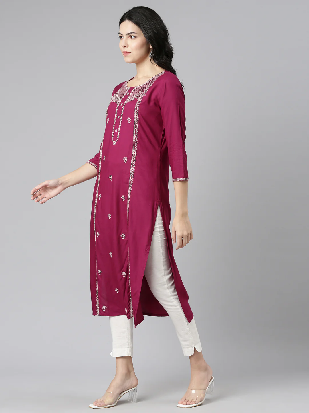 Neerus Magenta Regular Straight Embroidered Kurta - Image 2