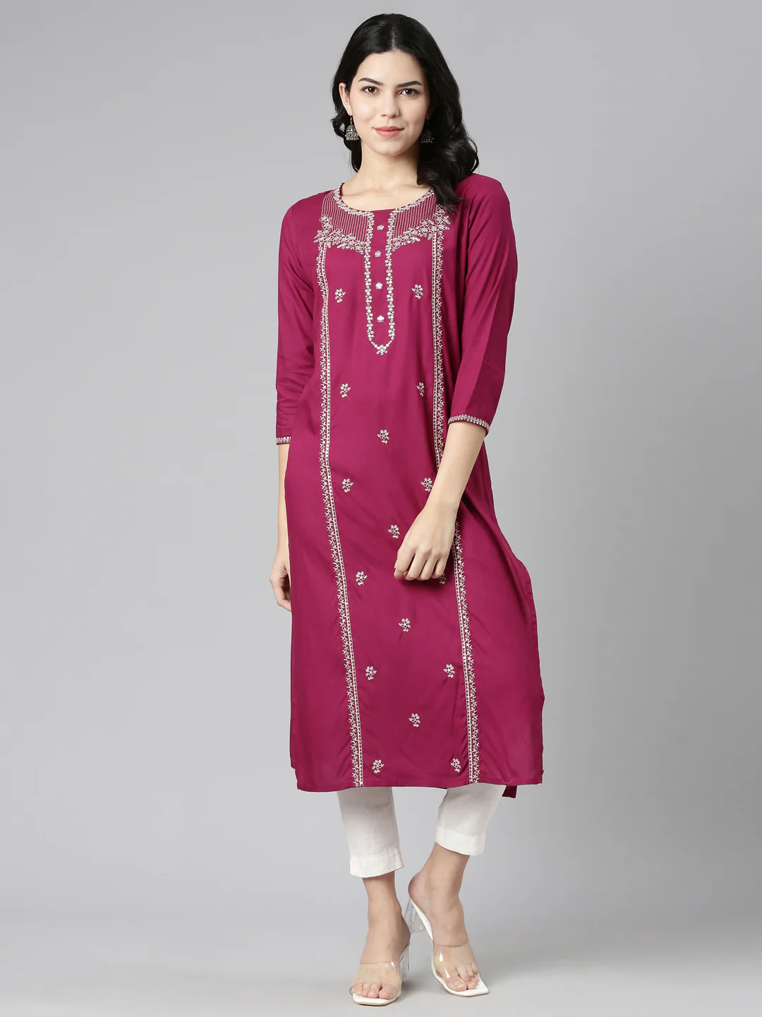 Neerus Magenta Regular Straight Embroidered Kurta - Image 5
