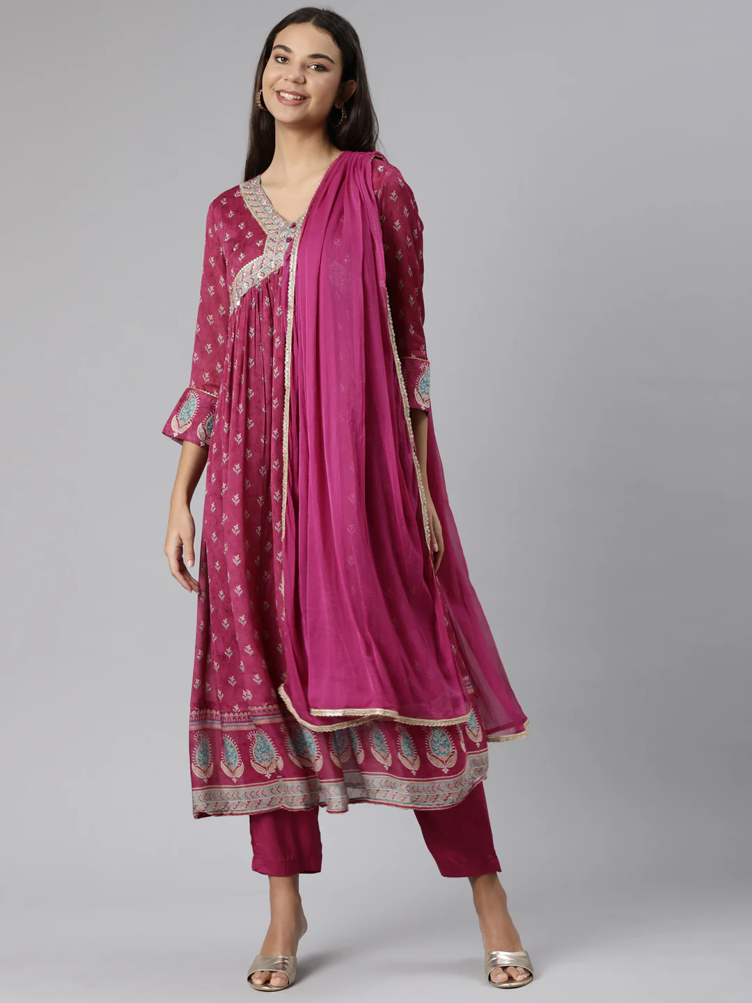 Neerus Magenta Regular Straight Floral Readymade suits