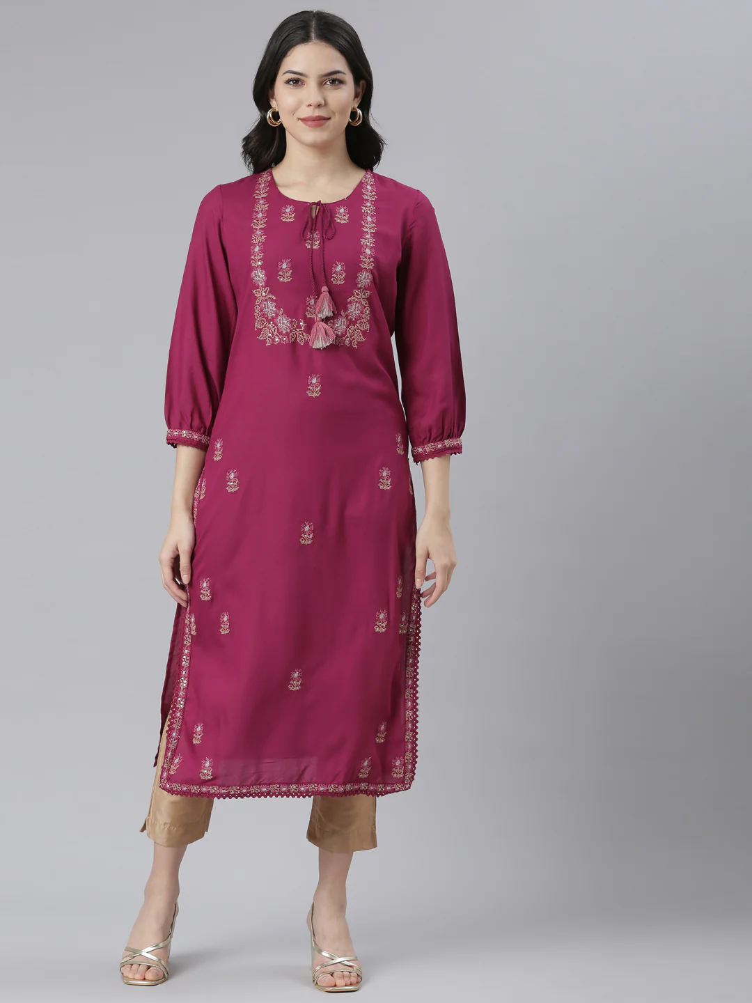 Neerus Magenta Regular Straight Floral Kurta