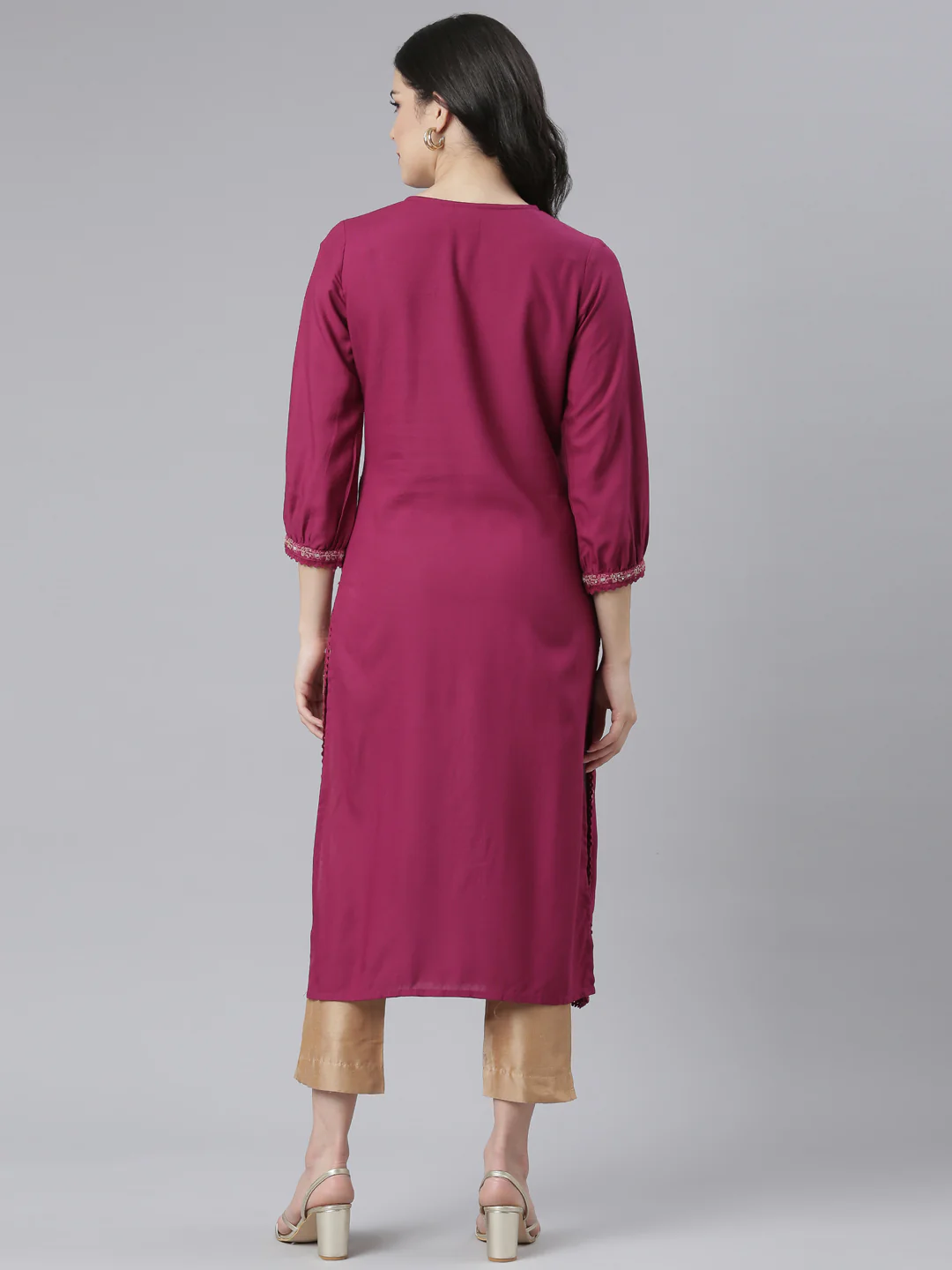 Neerus Magenta Regular Straight Floral Kurta - Image 3