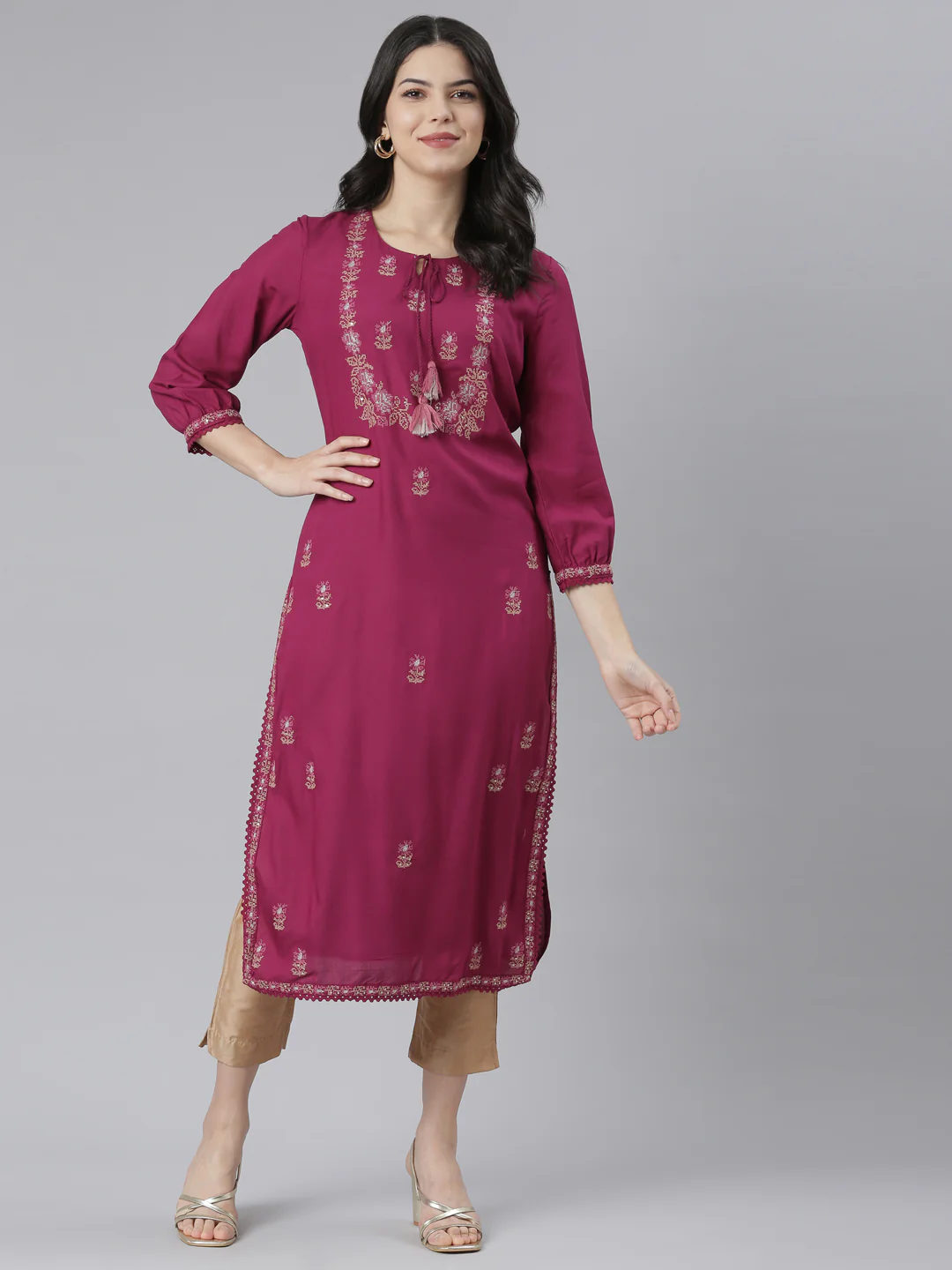 Neerus Magenta Regular Straight Floral Kurta - Image 5
