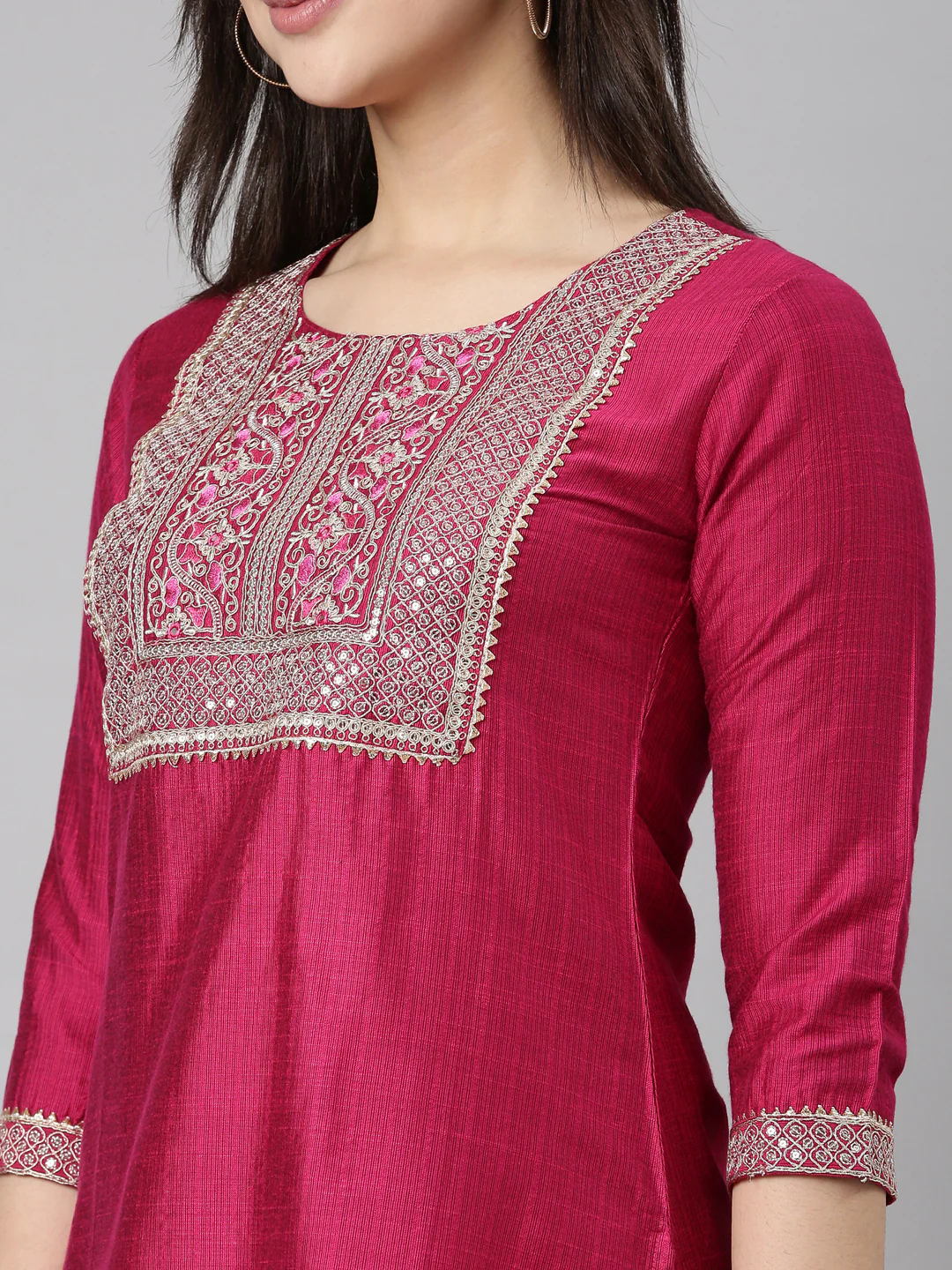 Neerus Magenta Regular Straight Solid Kurta - Image 4