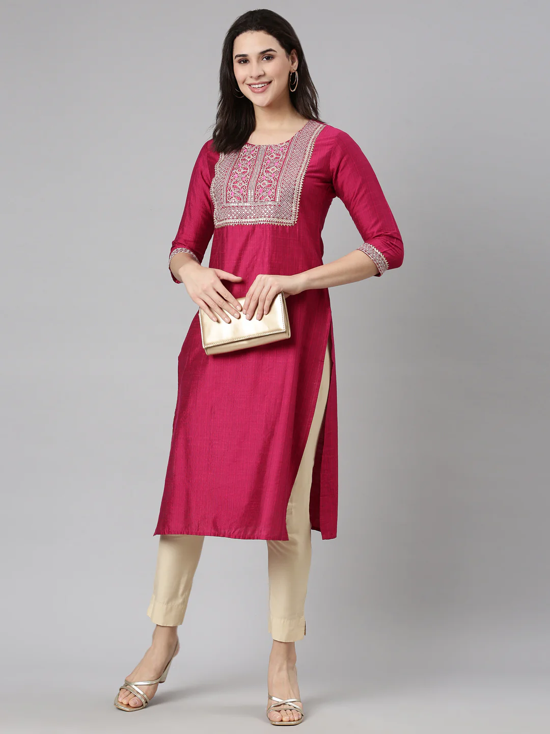 Neerus Magenta Regular Straight Solid Kurta - Image 5