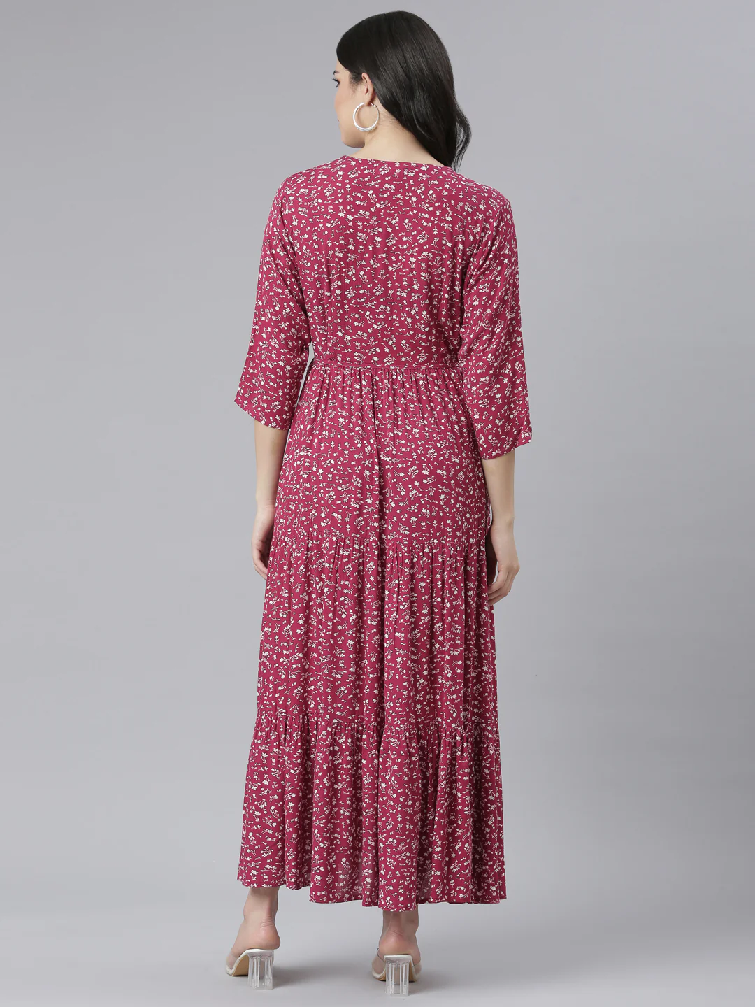 Neerus Magenta Straight Casual Floral Dresses - Image 3