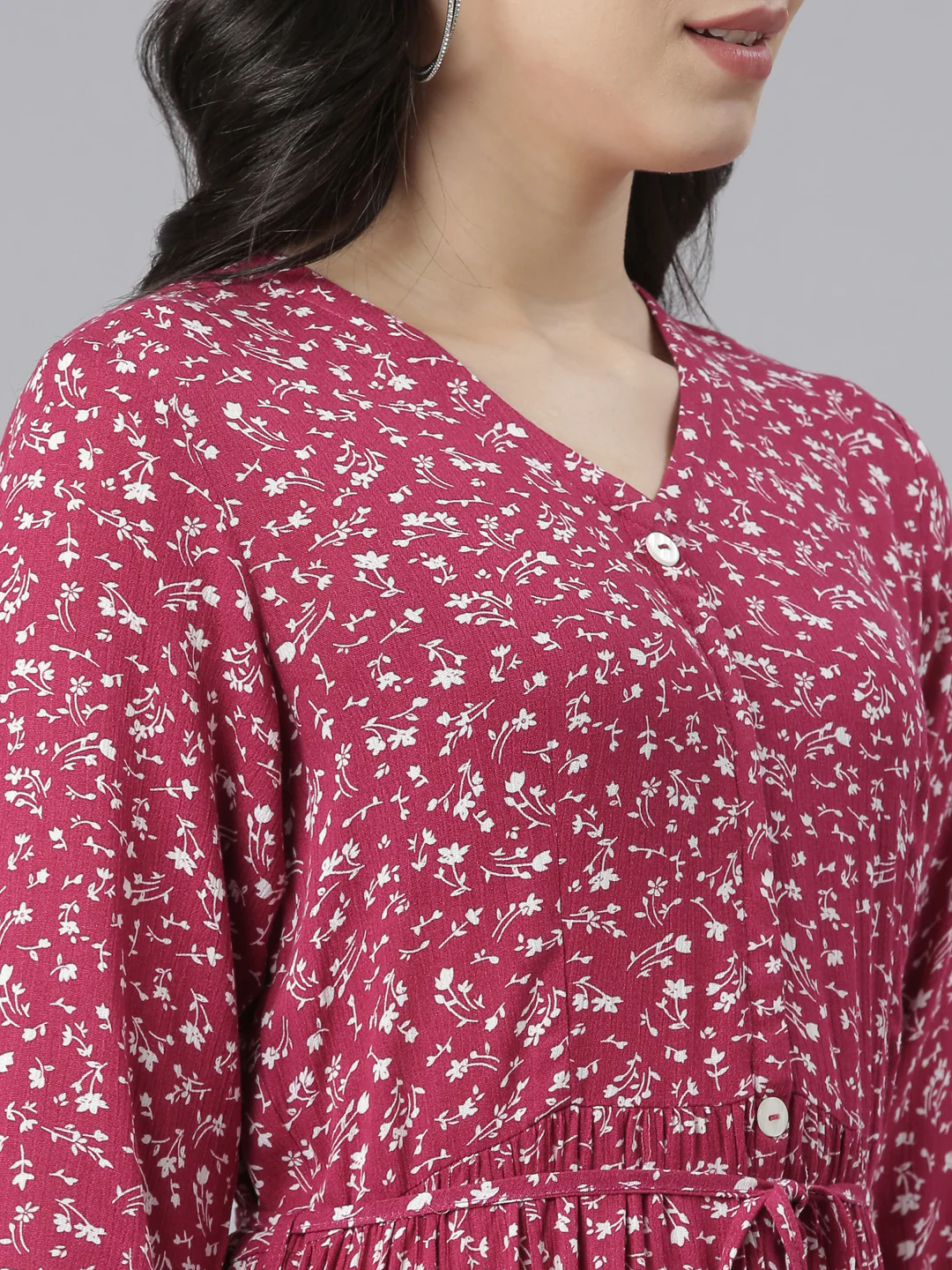 Neerus Magenta Straight Casual Floral Dresses - Image 4