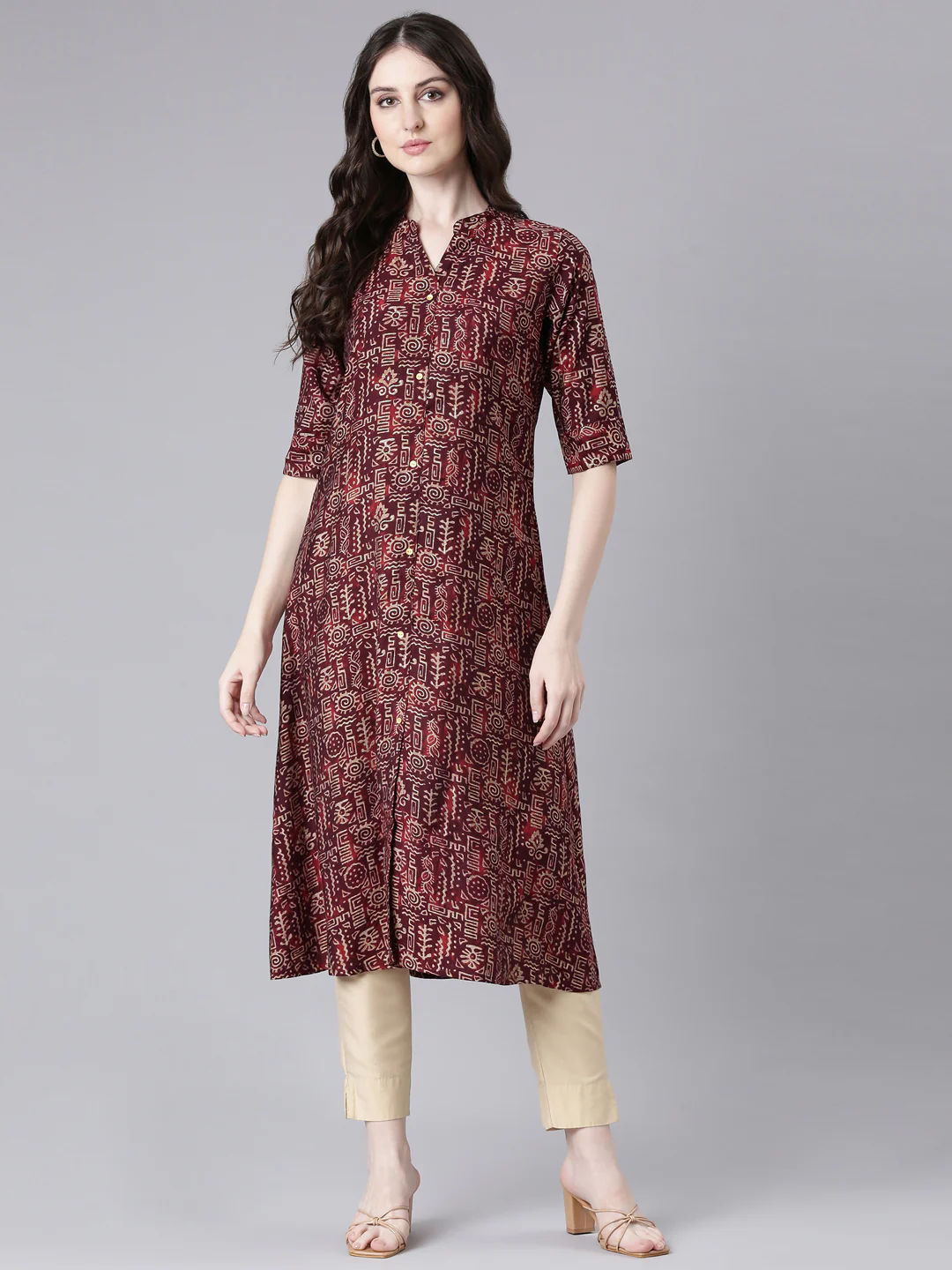 Neerus Maroon Casual Tribal Straight Kurta - Image 5