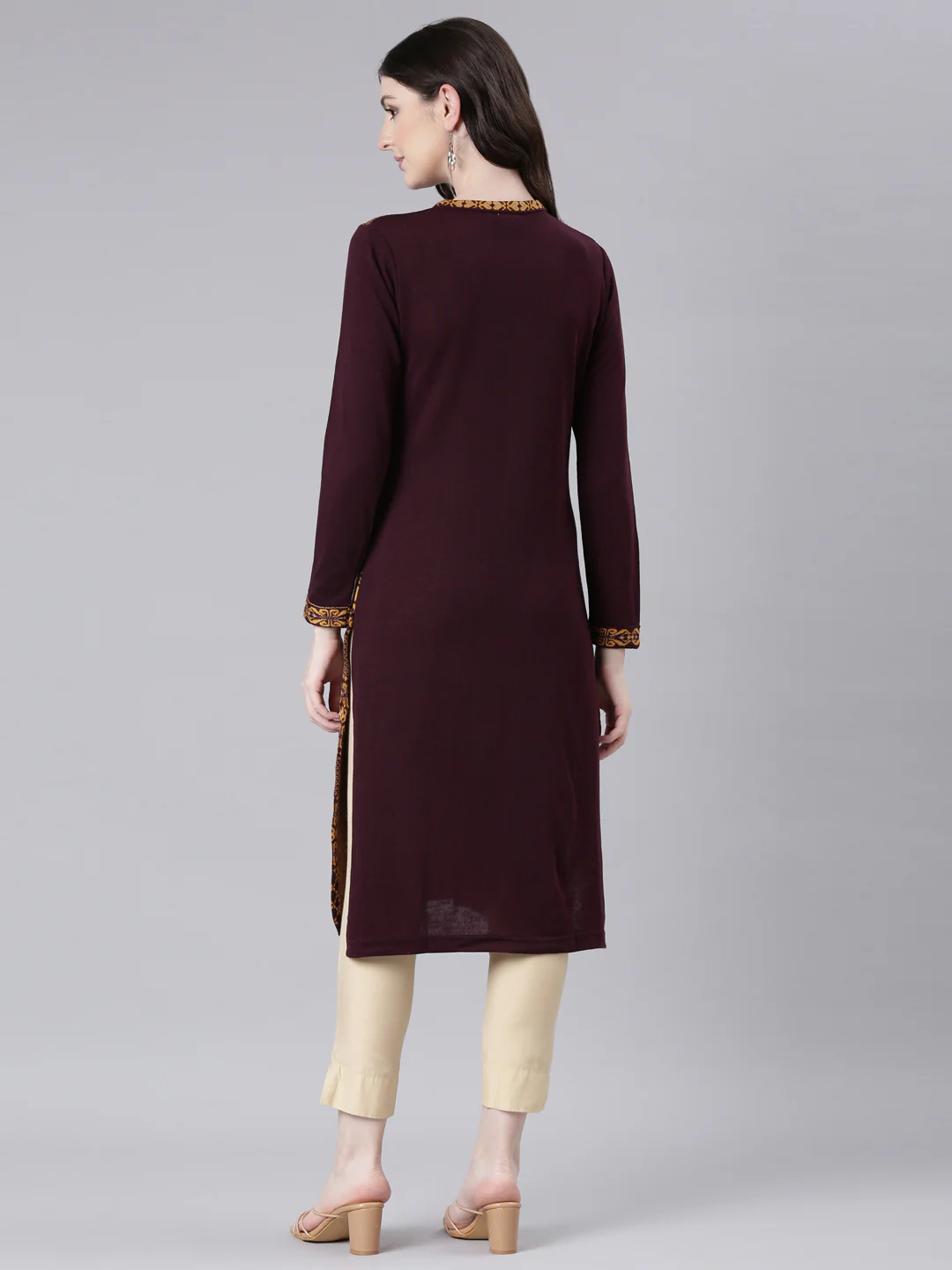 Neerus Maroon Casual Woven Design Straight Kurta - Image 3