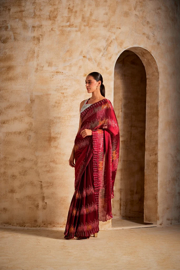 Neerus Maroon Color Jimmy Choo Fabric Saree - Image 3