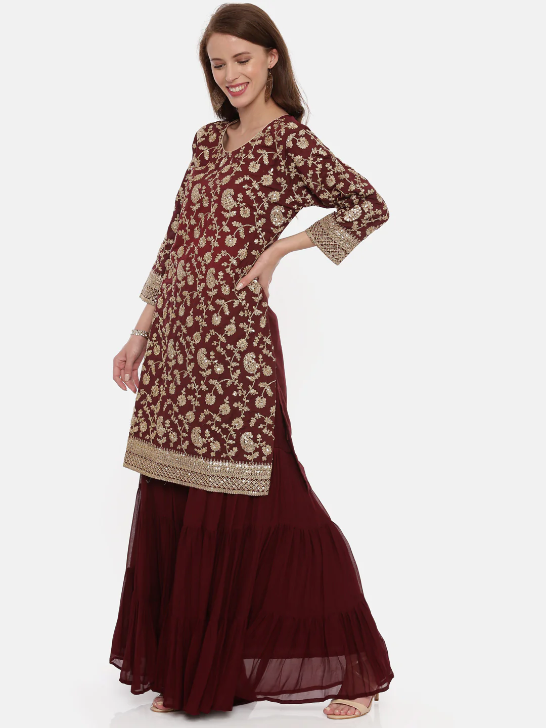 Neerus Maroon Color Muslin Fabric Full Sleeves Suit-Gharara - Image 5
