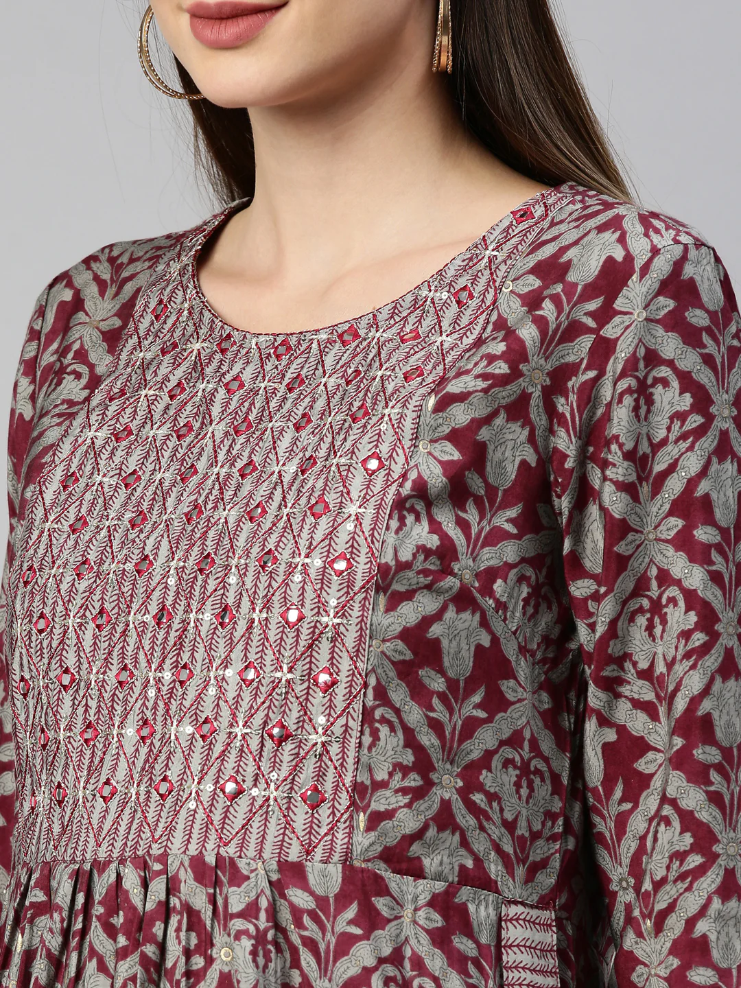 Neerus Maroon Color Muslin Fabric Kurta Set - Image 8