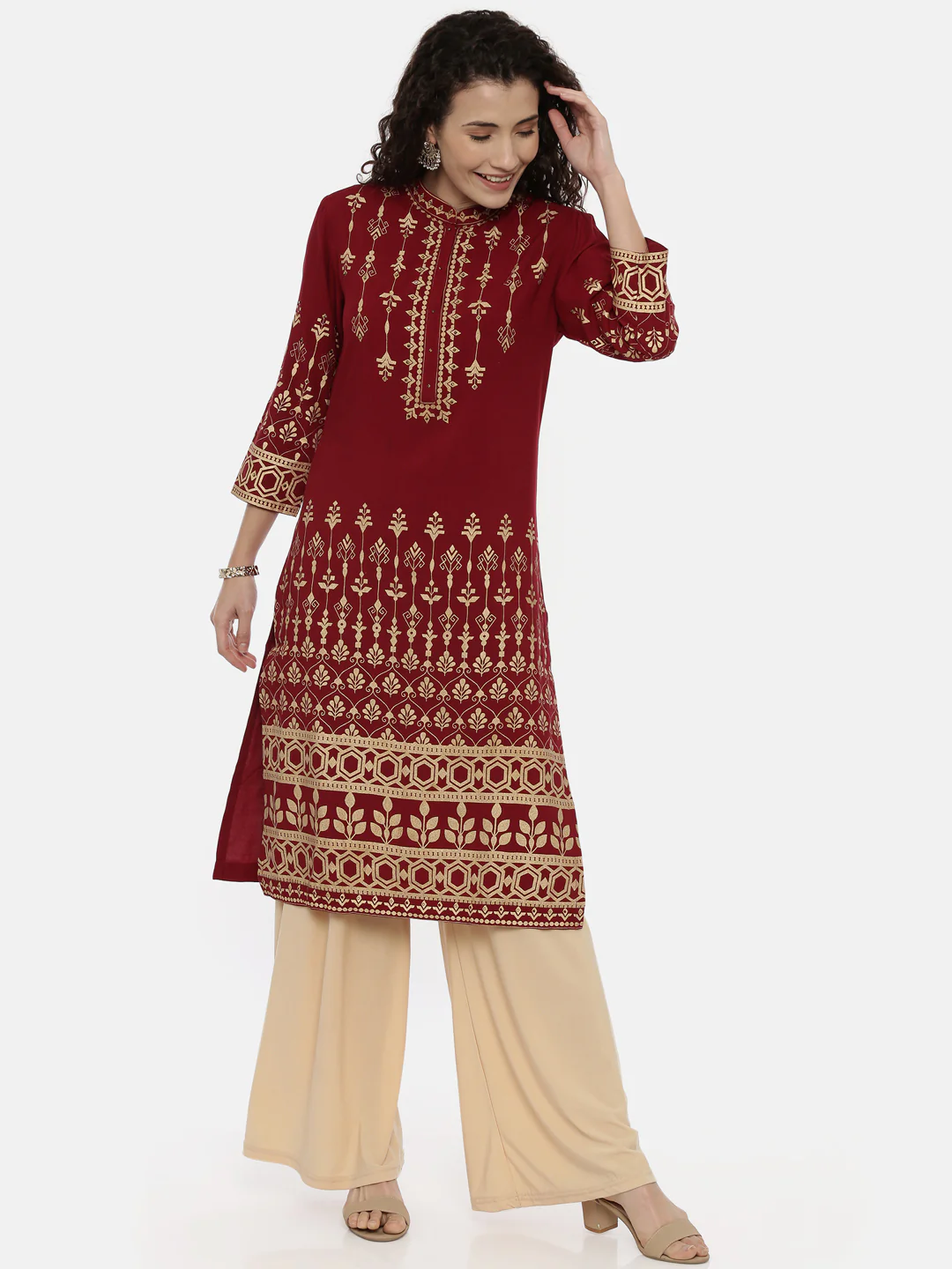 Neerus Maroon Color Rayon Fabric Printed Kurta - Image 4
