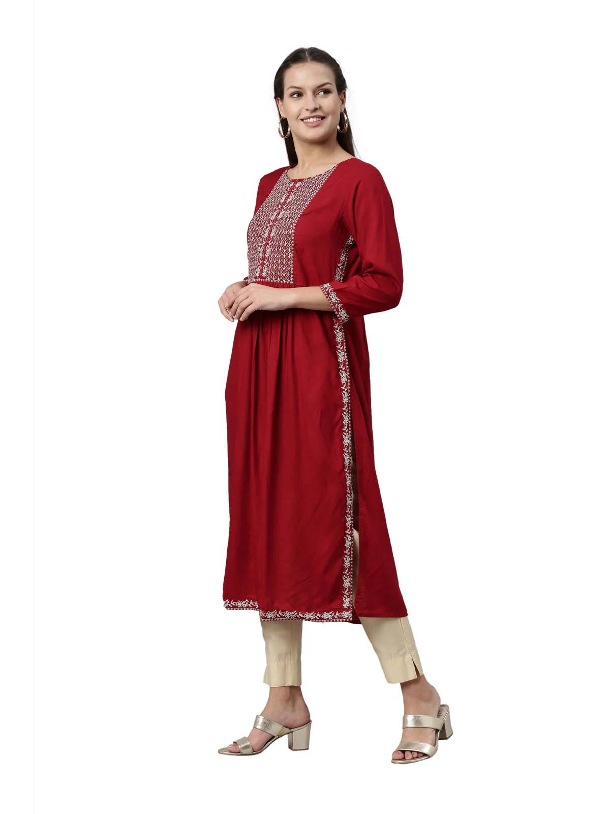 Neerus Maroon Color Slub Rayon Fabric Kurta - Image 3